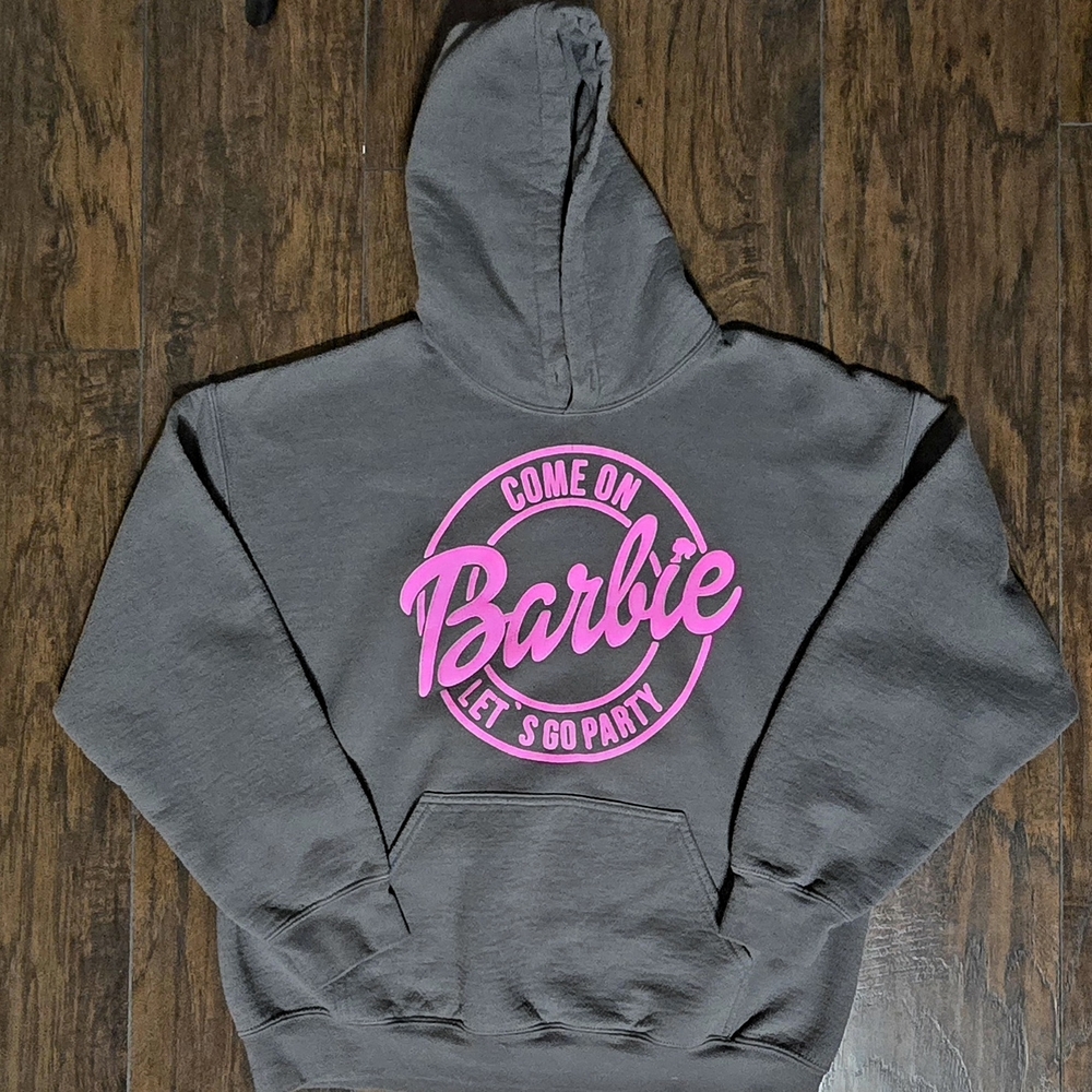 Gray Hoodie with Pink Barbie Logo